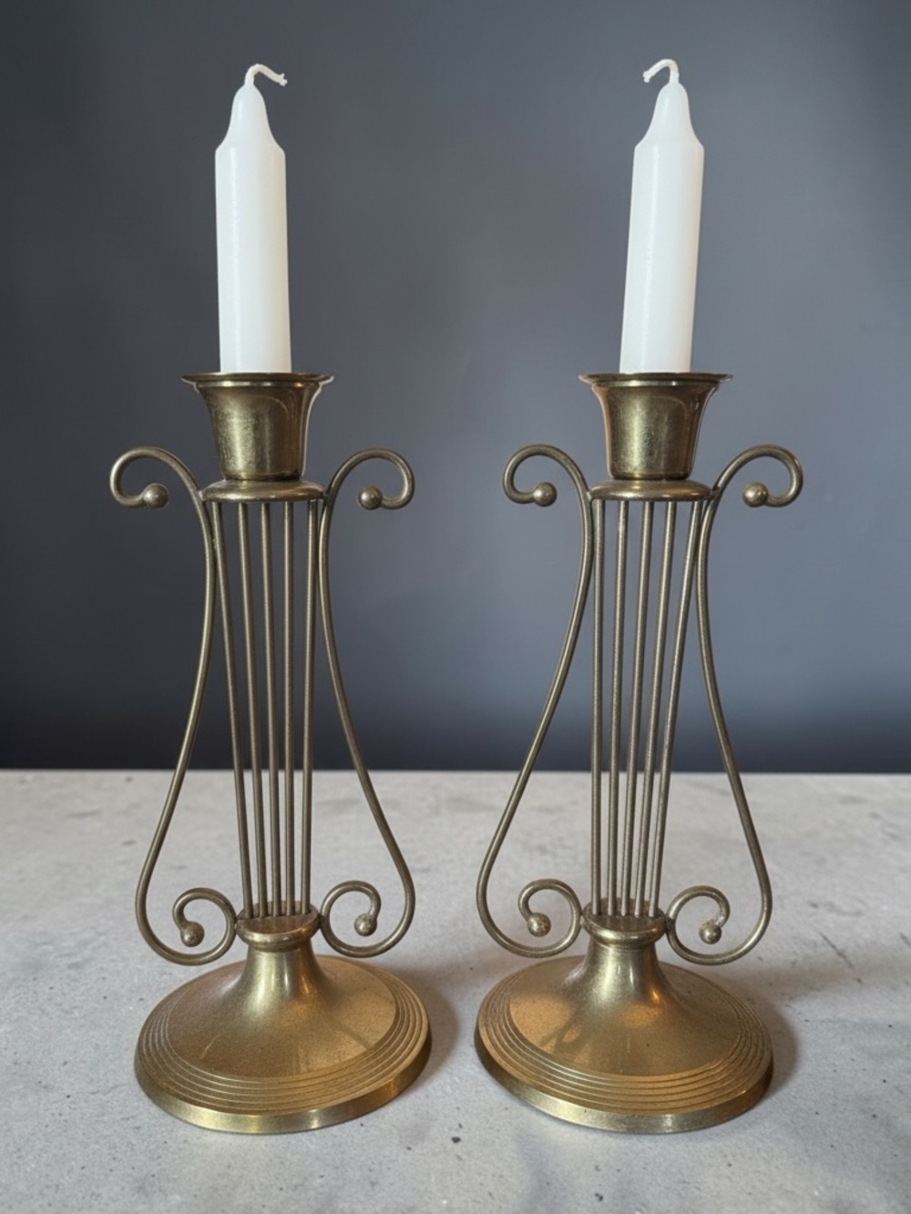 Pair of Brass Harp-Style Candlesticks for Tapers